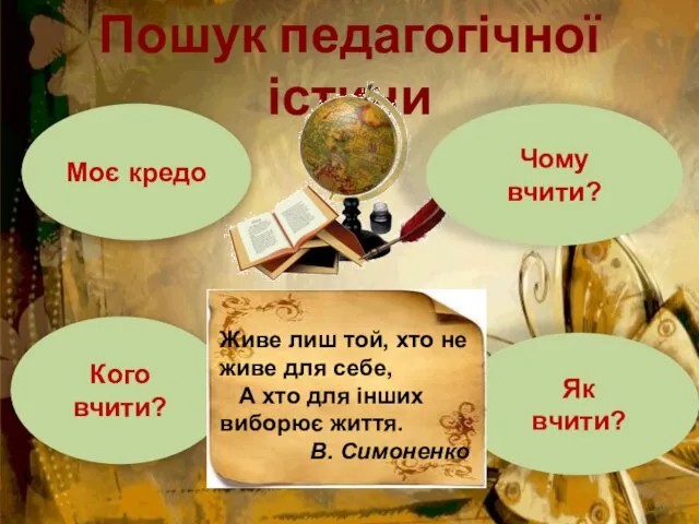 Пошук педагогічної істини Моє кредо Кого вчити? Чому вчити? Як вчити?