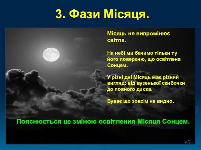 3. Фази Місяця. Місяць не випромінює світла. На небі ми бачимо