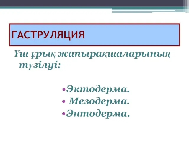 ГАСТРУЛЯЦИЯ Үш ұрық жапырақшаларының түзілуі: Эктодерма. Мезодерма. Энтодерма.