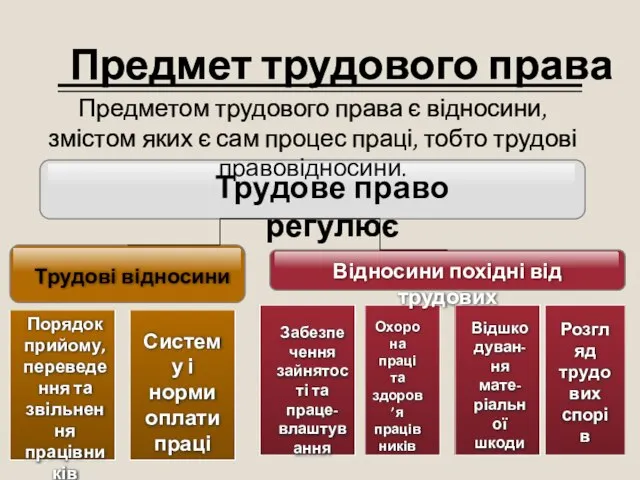 Предмет трудового права Відносини похідні від трудових Трудові відносини Порядок прийому,