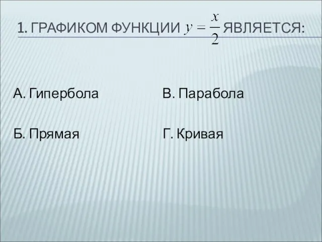 1. ГРАФИКОМ ФУНКЦИИ ЯВЛЯЕТСЯ: А. Гипербола Б. Прямая В. Парабола Г. Кривая