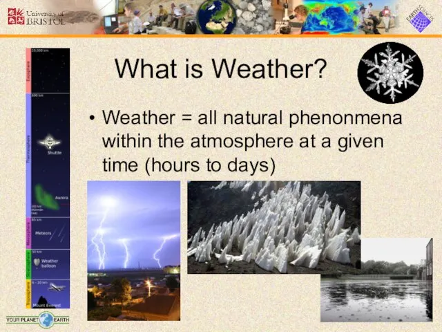 What is Weather? Weather = all natural phenonmena within the atmosphere