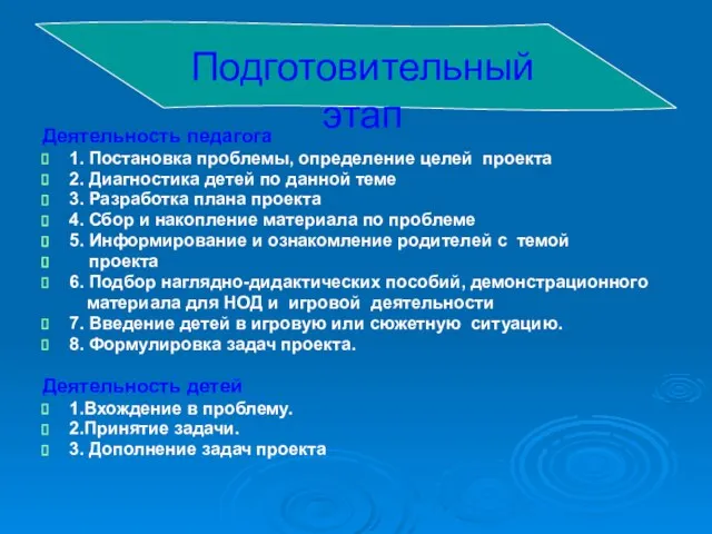 Деятельность педагога 1. Постановка проблемы, определение целей проекта 2. Диагностика детей