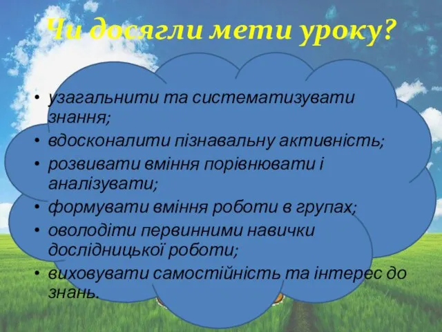 Чи досягли мети уроку? узагальнити та систематизувати знання; вдосконалити пізнавальну активність;