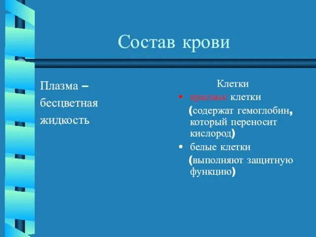 Состав крови Плазма – бесцветная жидкость Клетки красные клетки (содержат гемоглобин,