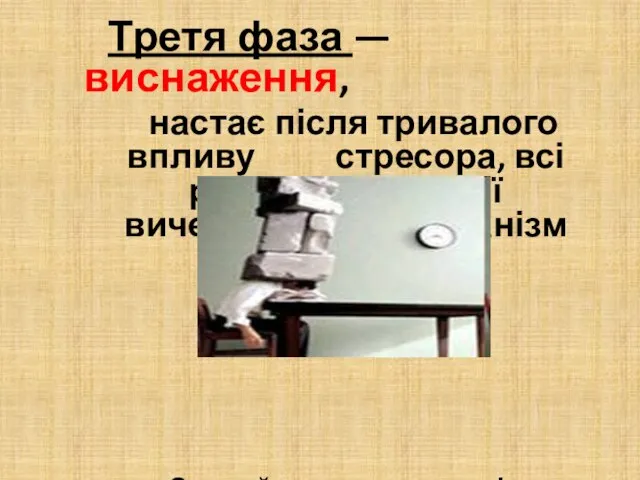 Третя фаза — виснаження, настає після тривалого впливу стресора, всі резерви