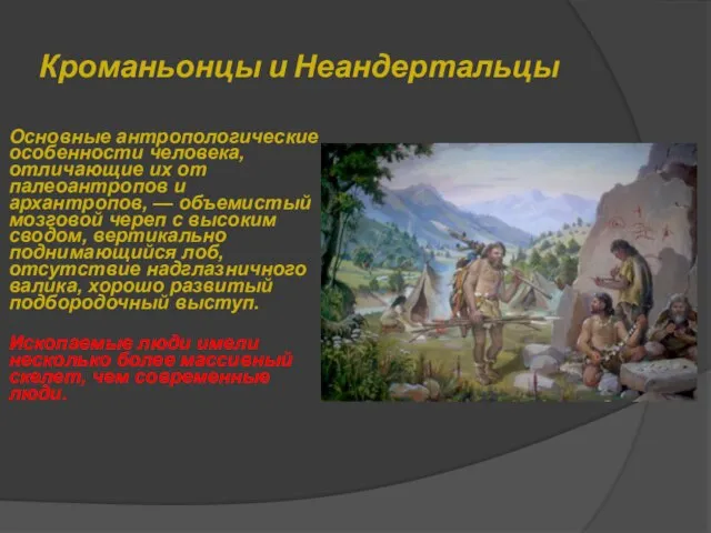 Кроманьонцы и Неандертальцы Основные антропологические особенности человека, отличающие их от палеоантропов