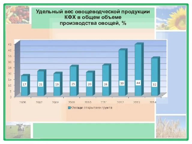 Удельный вес овощеводческой продукции КФХ в общем объеме производства овощей, %