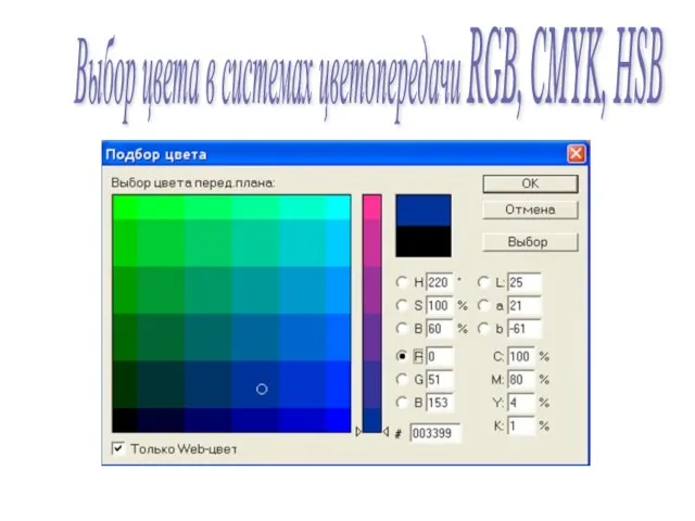 Выбор цвета в системах цветопередачи RGB, CMYK, HSB