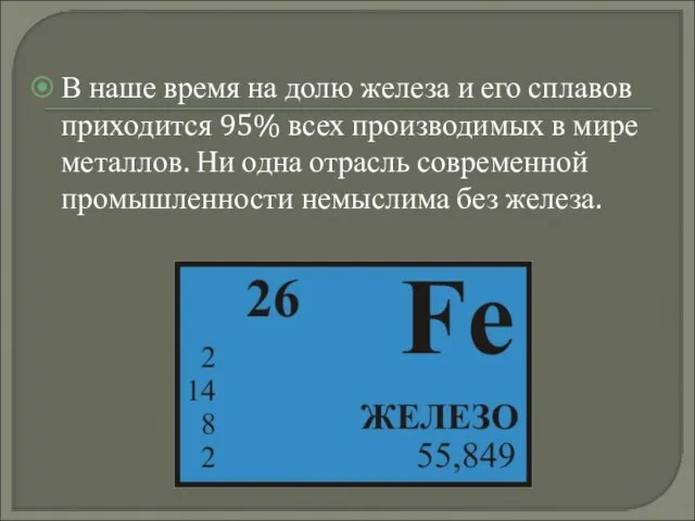 В наше время на долю железа и его сплавов приходится 95%