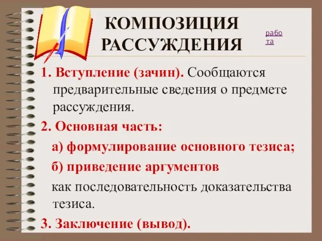 КОМПОЗИЦИЯ РАССУЖДЕНИЯ 1. Вступление (зачин). Сообщаются предварительные сведения о предмете рассуждения.