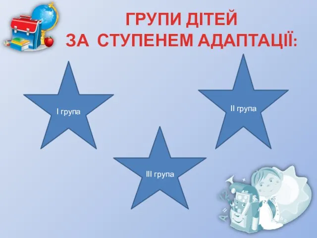 ГРУПИ ДІТЕЙ ЗА СТУПЕНЕМ АДАПТАЦІЇ: І група ІІ група ІІІ група