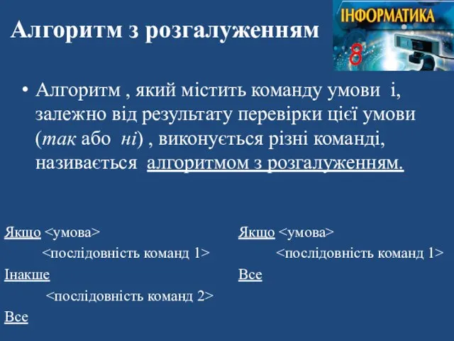 Алгоритм з розгалуженням Алгоритм , який містить команду умови і, залежно