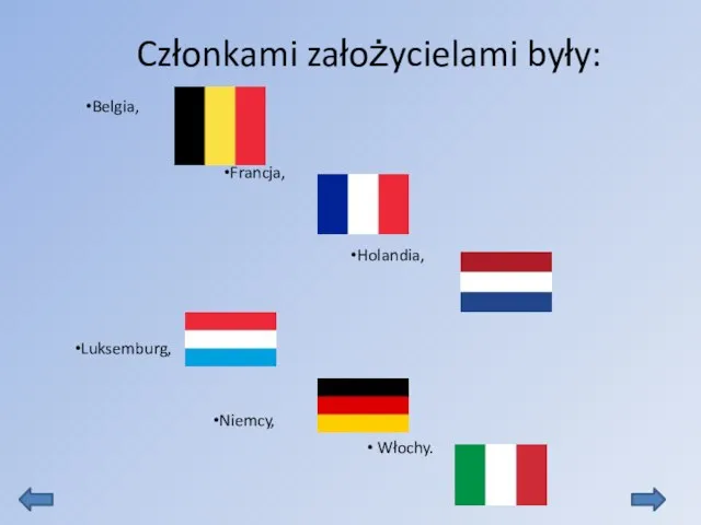 Belgia, Francja, Holandia, Luksemburg, Niemcy, Włochy. Członkami założycielami były: