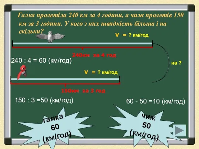 Галка пролетіла 240 км за 4 години, а чиж пролетів 150