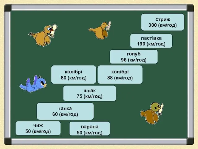 чиж 50 (км/год) галка 60 (км/год) колібрі 88 (км/год) голуб 96