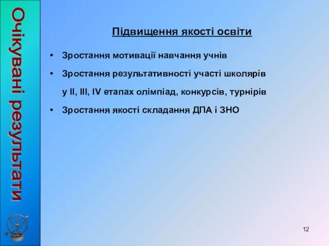 Підвищення якості освіти Зростання мотивації навчання учнів Зростання результативності участі школярів