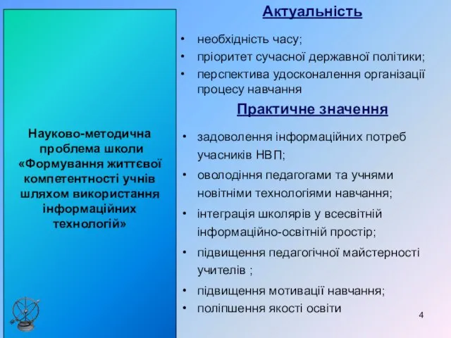 Науково-методична проблема школи «Формування життєвої компетентності учнів шляхом використання інформаційних технологій»