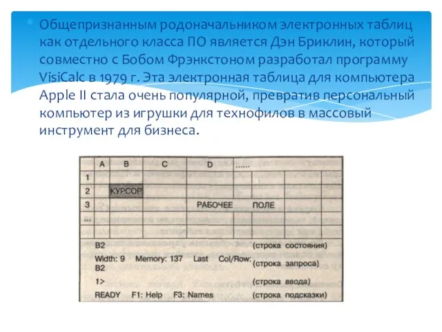 Общепризнанным родоначальником электронных таблиц как отдельного класса ПО является Дэн Бриклин,