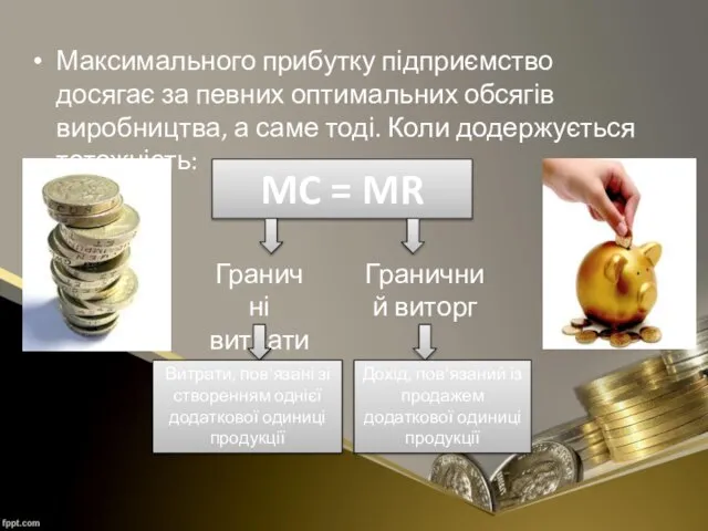 Максимального прибутку підприємство досягає за певних оптимальних обсягів виробництва, а саме тоді. Коли додержується тотожність: