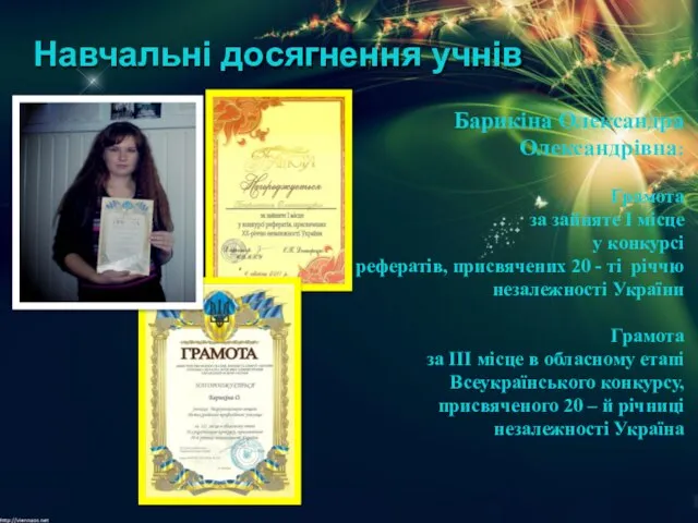 Навчальні досягнення учнів Барикіна Олександра Олександрівна: Грамота за зайняте І місце