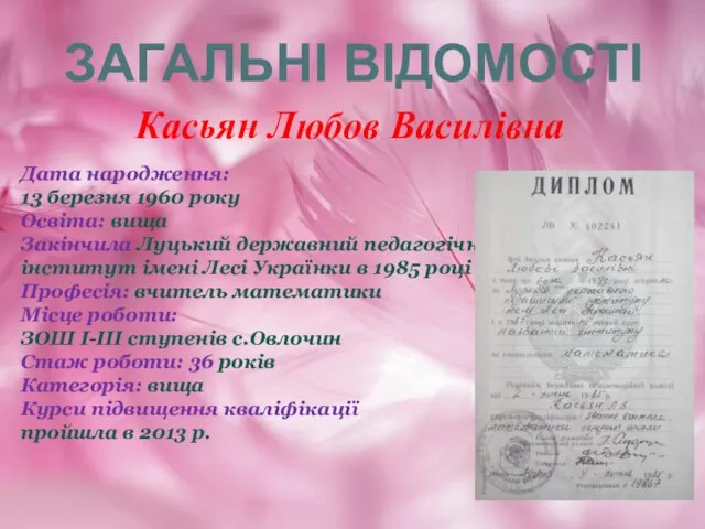 ЗАГАЛЬНІ ВІДОМОСТІ Касьян Любов Василівна Дата народження: 13 березня 1960 року