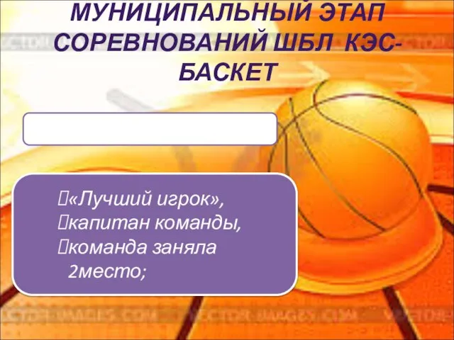 МУНИЦИПАЛЬНЫЙ ЭТАП СОРЕВНОВАНИЙ ШБЛ КЭС-БАСКЕТ «Лучший игрок», капитан команды, команда заняла 2место; Расулев Фарһад