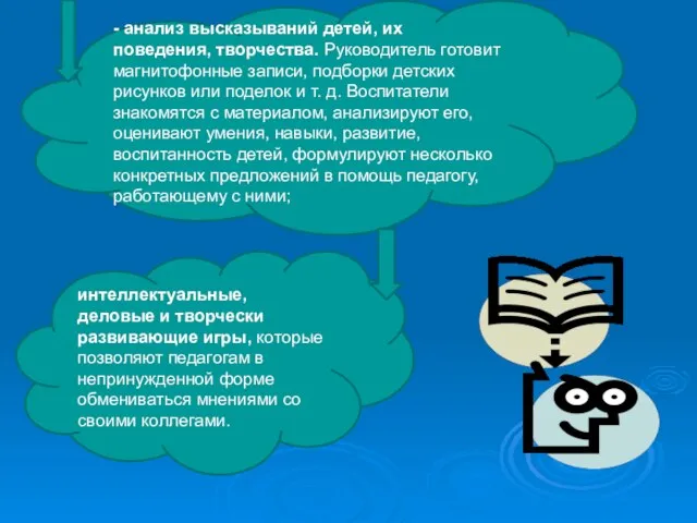 - анализ высказываний детей, их поведения, творчества. Руководитель готовит магнитофонные записи,