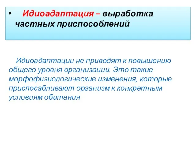 Идиоадаптация – выработка частных приспособлений Идиоадаптации не приводят к повышению общего