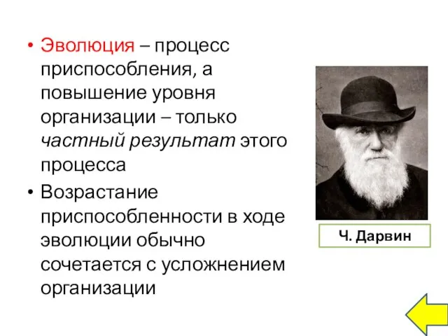 Эволюция – процесс приспособления, а повышение уровня организации – только частный