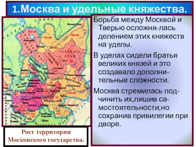 1.Москва и удельные княжества. Борьба между Москвой и Тверью осложня-лась делением