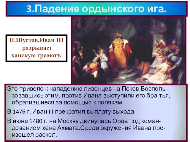 3.Падение ордынского ига. Это привело к нападению ливонцев на Псков.Восполь-зовавшись этим,