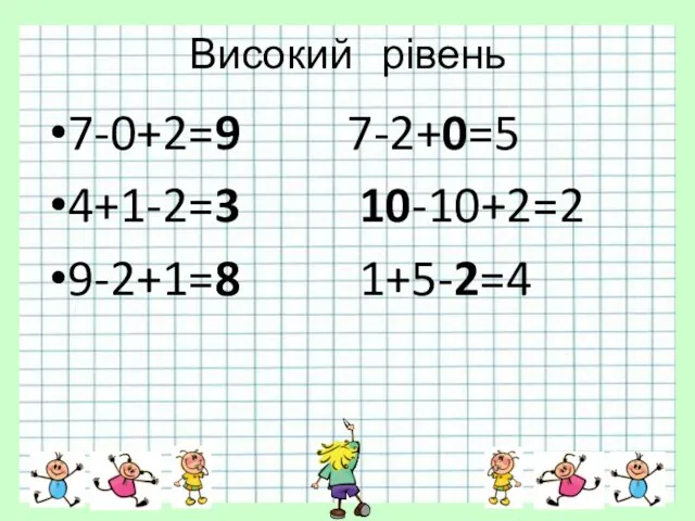 Високий рівень 7-0+2=9 7-2+0=5 4+1-2=3 10-10+2=2 9-2+1=8 1+5-2=4