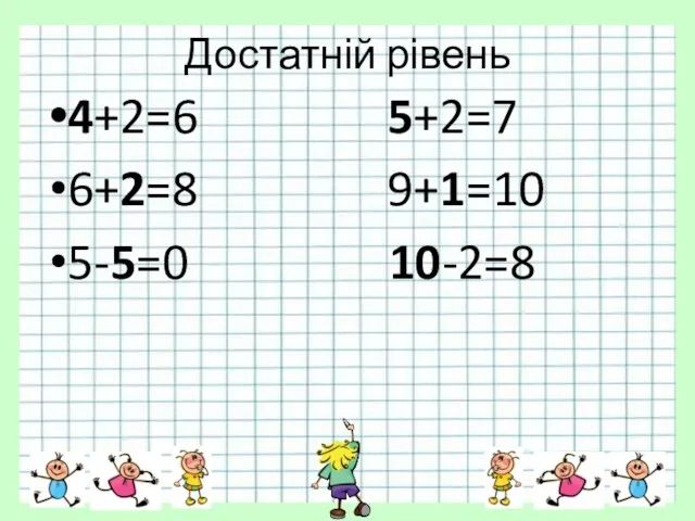 Достатній рівень 4+2=6 5+2=7 6+2=8 9+1=10 5-5=0 10-2=8