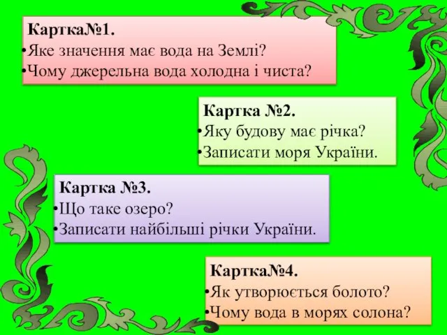 Картка№4. Як утворюється болото? Чому вода в морях солона? Картка№1. Яке