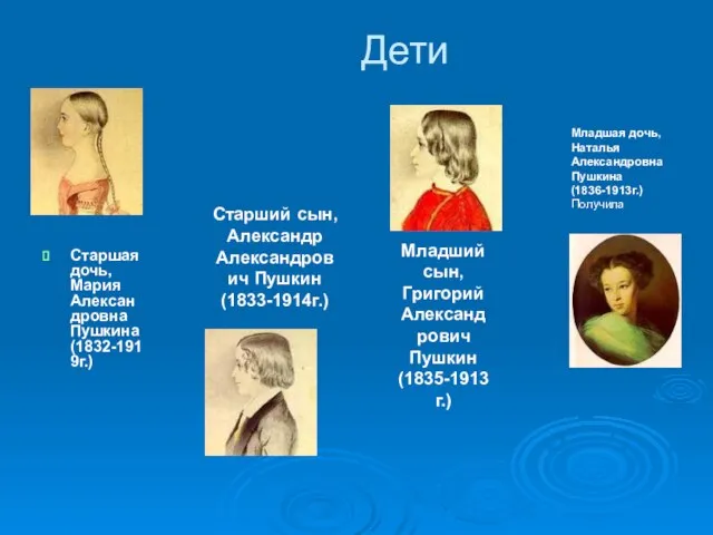 Дети Старшая дочь, Мария Александровна Пушкина (1832-1919г.) Старший сын, Александр Александрович