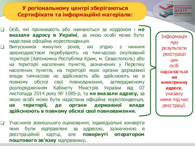 У регіональному центрі зберігаються Сертифікати та інформаційні матеріали: Осіб, які проживають