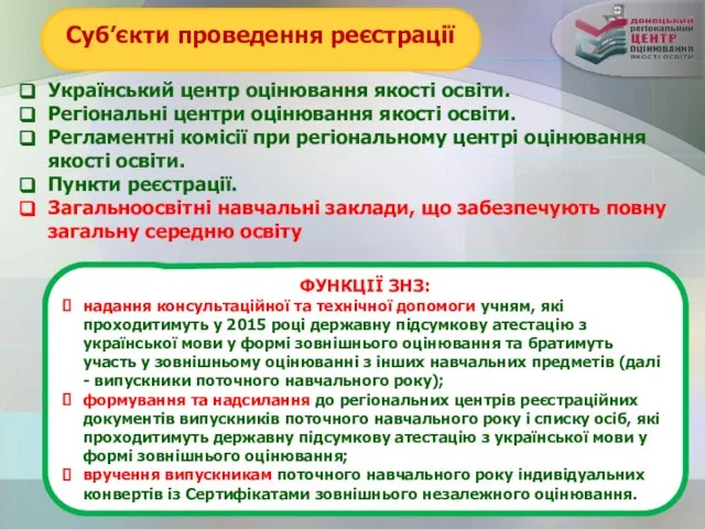 Суб’єкти проведення реєстрації Український центр оцінювання якості освіти. Регіональні центри оцінювання