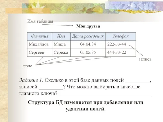 Мои друзья Имя таблицы поле запись Задание 1. Сколько в этой