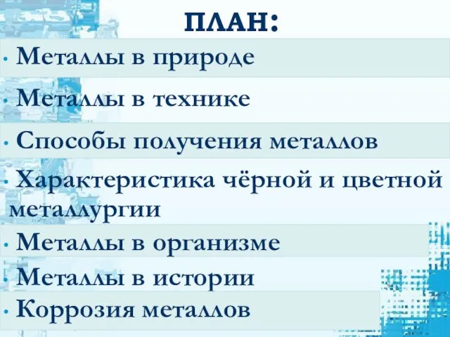 Металлы в природе ПЛАН: Металлы в технике Способы получения металлов Характеристика