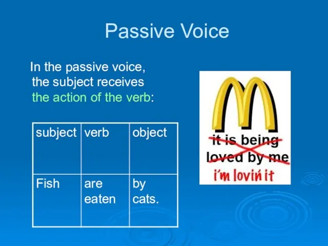 Passive Voice In the passive voice, the subject receives the action of the verb: