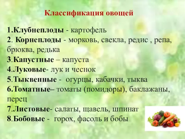 Классификация овощей 1.Клубнеплоды - картофель 2. Корнеплоды - морковь, свекла, редис