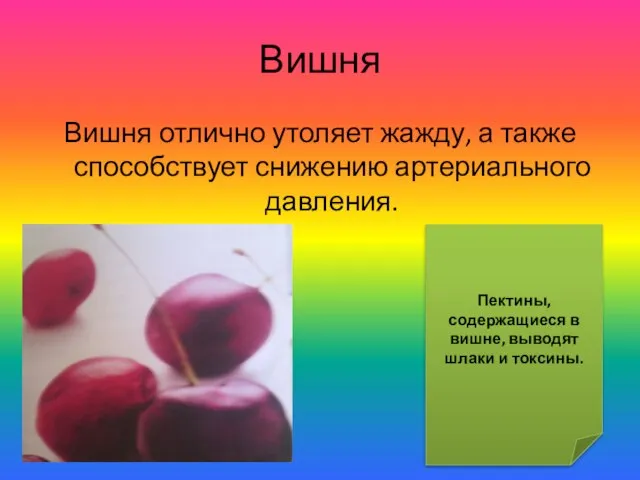 Вишня Вишня отлично утоляет жажду, а также способствует снижению артериального давления.