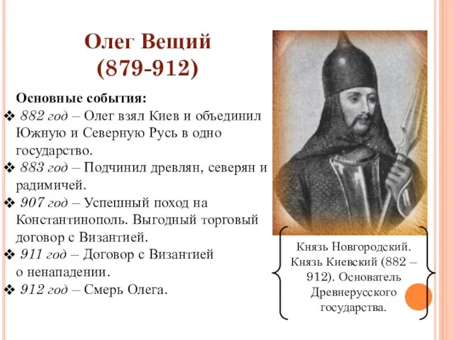 Олег Вещий (879-912) Князь Новгородский. Князь Киевский (882 – 912). Основатель