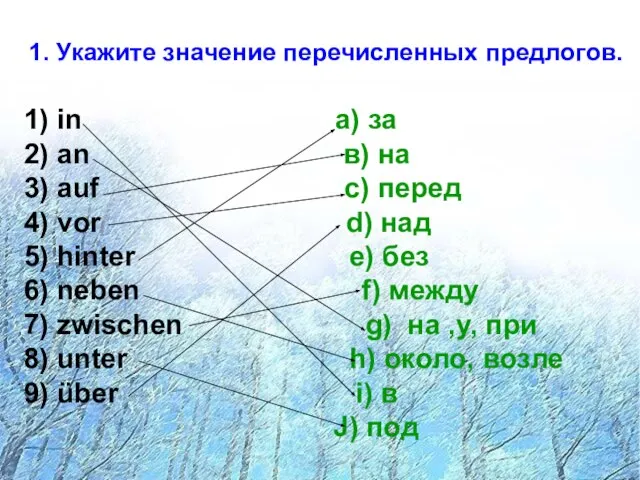 1. Укажите значение перечисленных предлогов. 1. Укажите значение перечисленных предлогов. 1)