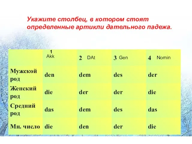 Укажите столбец, в котором стоят определенные артикли дательного падежа. Укажите столбец,