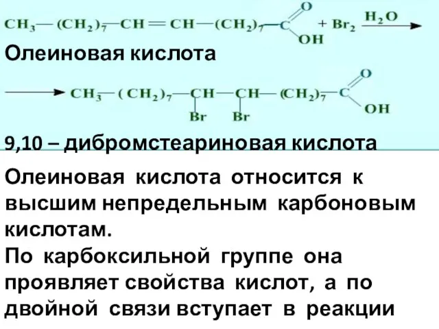 Олеиновая кислота 9,10 – дибромстеариновая кислота Олеиновая кислота относится к высшим