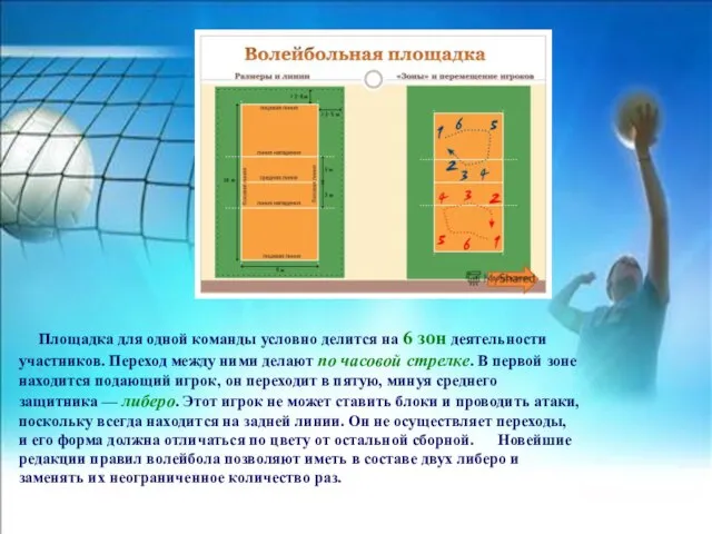 Площадка для одной команды условно делится на 6 зон деятельности участников.