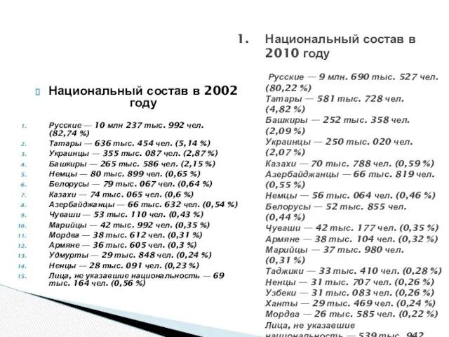 Национальный состав в 2002 году Русские — 10 млн 237 тыс.