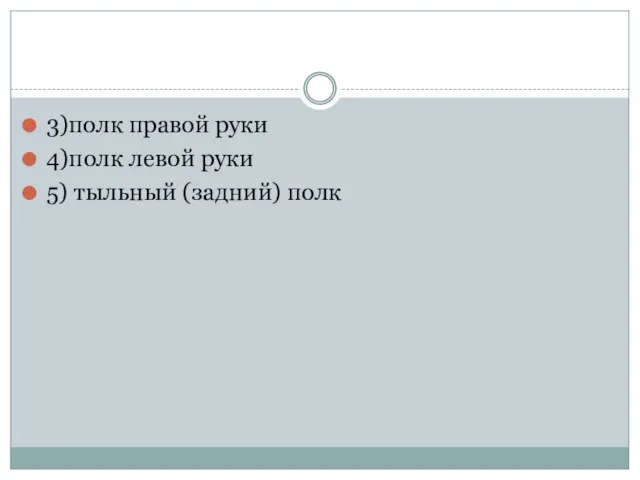 3)полк правой руки 4)полк левой руки 5) тыльный (задний) полк